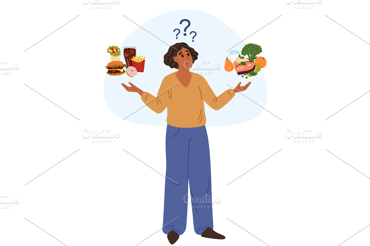 Thoughtful fat woman chooses between, a Food Illustration by Vectorbuum