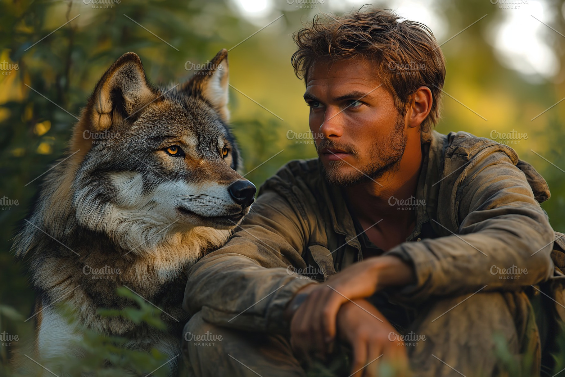 Two friends man and a wolf sitting together in the forest, a Person Photo by AlyaAnd