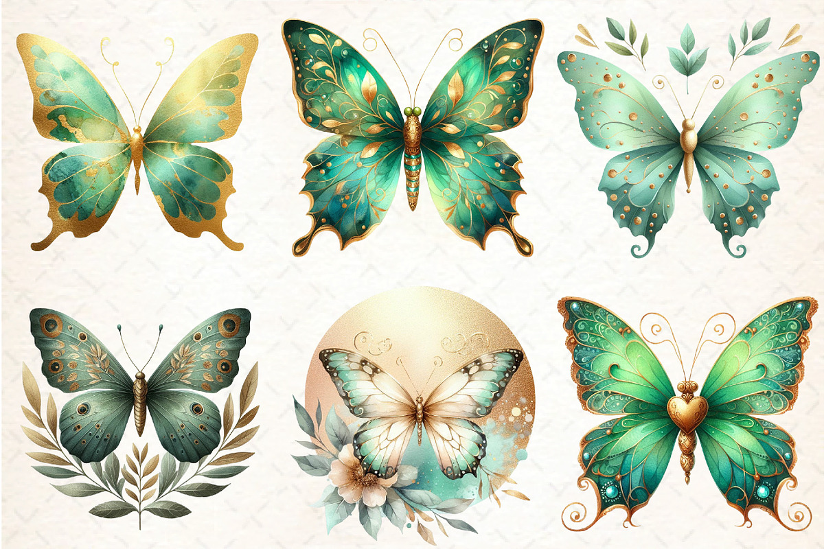 Green Gold Butterflies Clipart, an Illustration by DreamCafeArt (Photo 3 of 6)