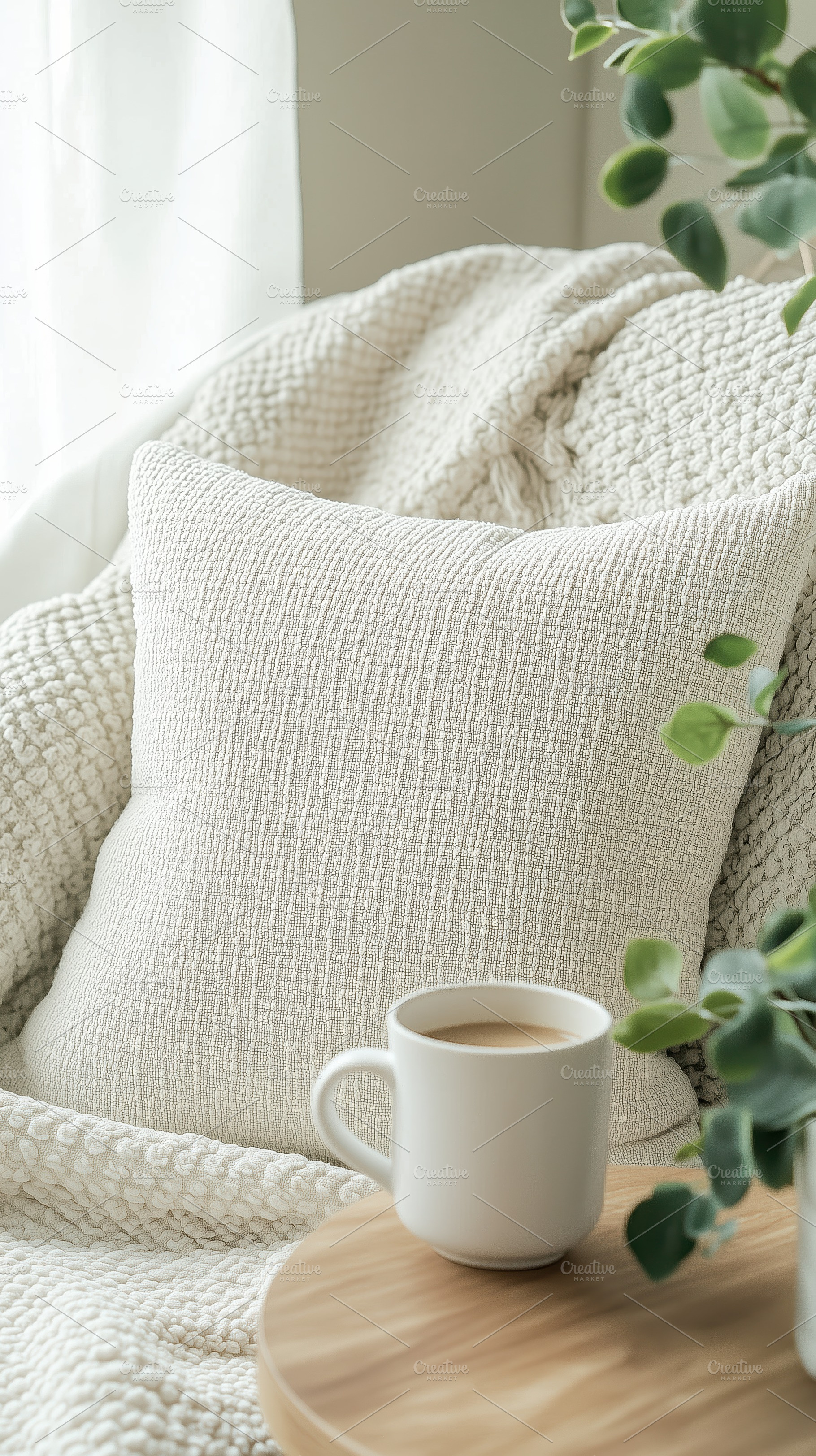 A cozy living space featuring a textured white pillow on a soft blanket, with a, a Beauty & Fashion Photo by Textures & Backgrounds