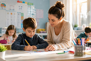 Child learns coloring in classroom, a Photo by Beautiful things