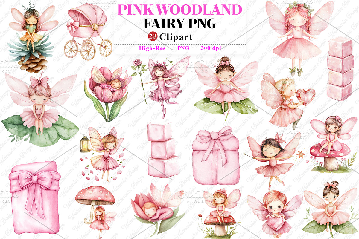 Watercolor Pink Woodland Fairy Clipa, an Illustration by Watercolor design (Photo 1 of 12)