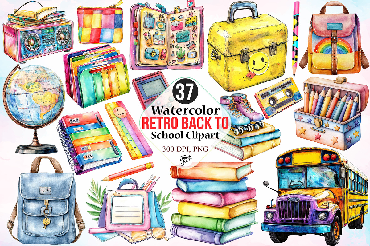 Watercolor Retro Back to School PNG, a Seasonal Illustration by Canvas Craft (Photo 1 of 4)