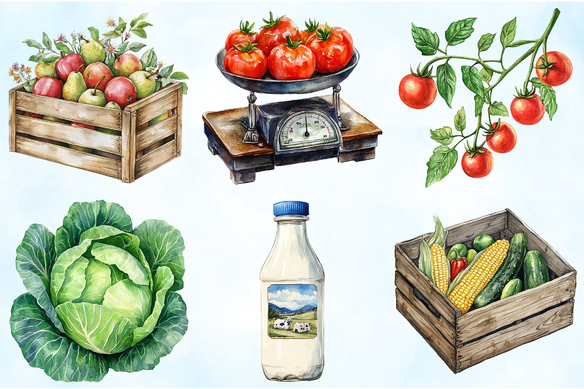 Watercolor Farmer's Market Clipart, an Illustration by Craft Nest (Photo 3 of 9)