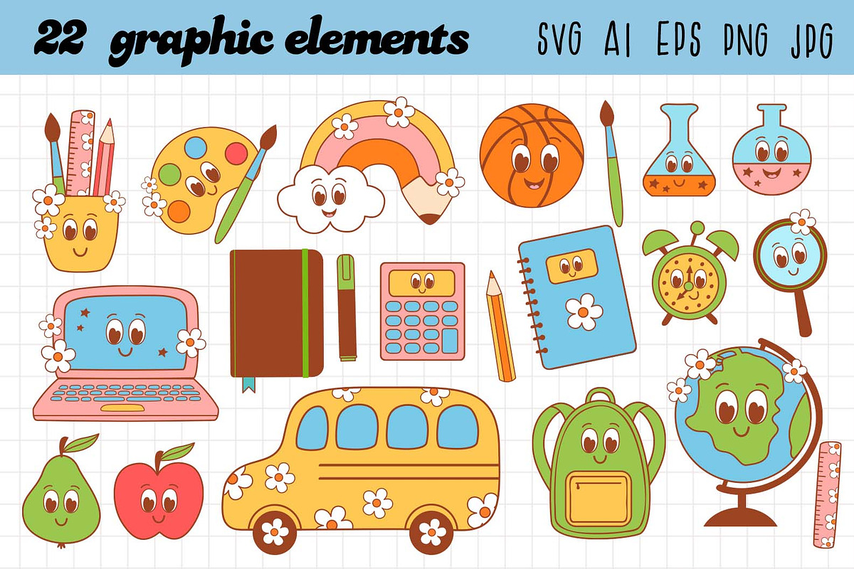 Groovy School Vector Clipart Pack, an Education Illustration by NataKa (Photo 2 of 4)