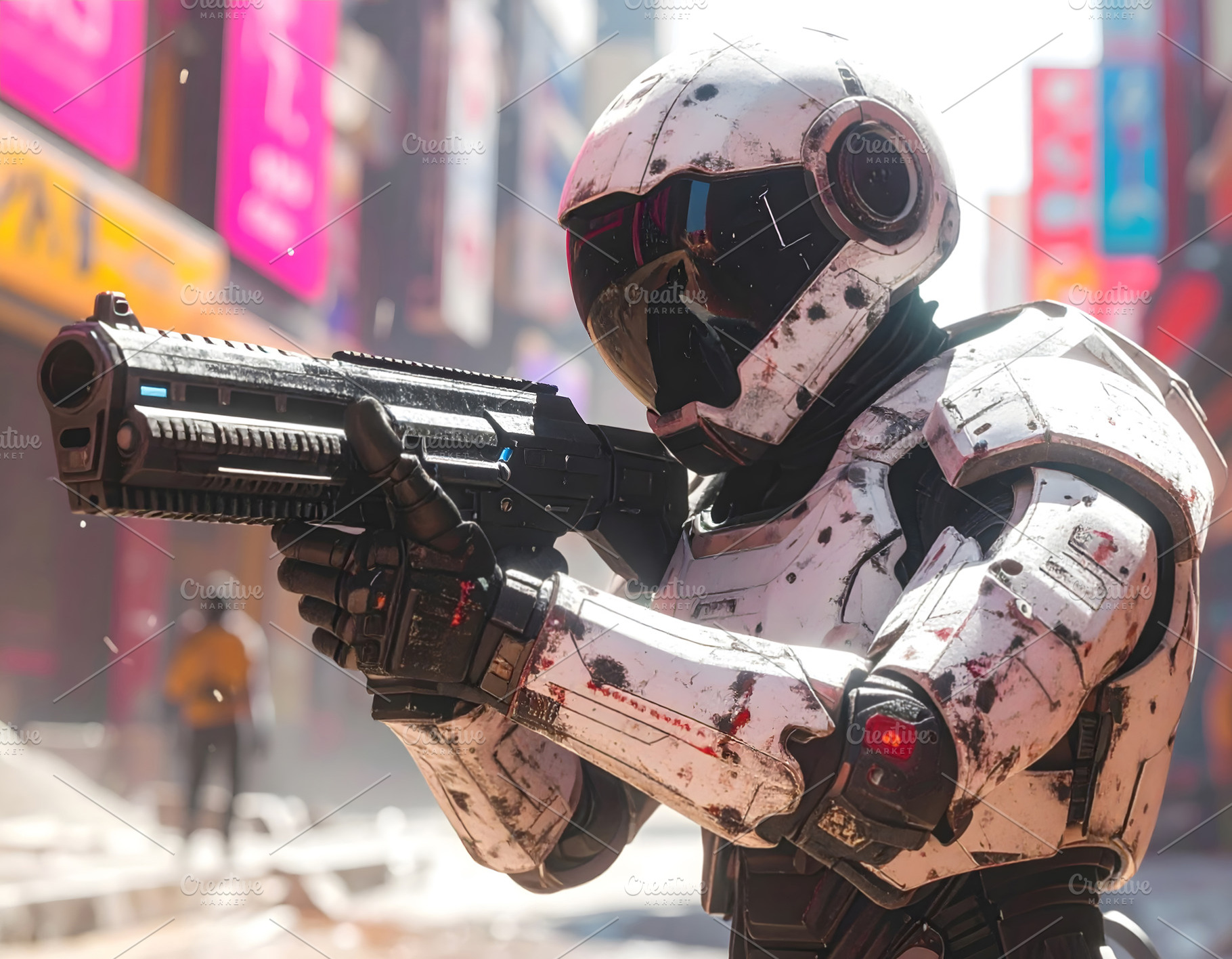 Armed police robot guarding futuristic city street with weapon, a Technology Photo by GoodGoods