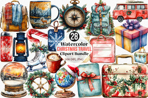 Watercolor Christmas Travel Clipart, an Illustration by Canvas Craft