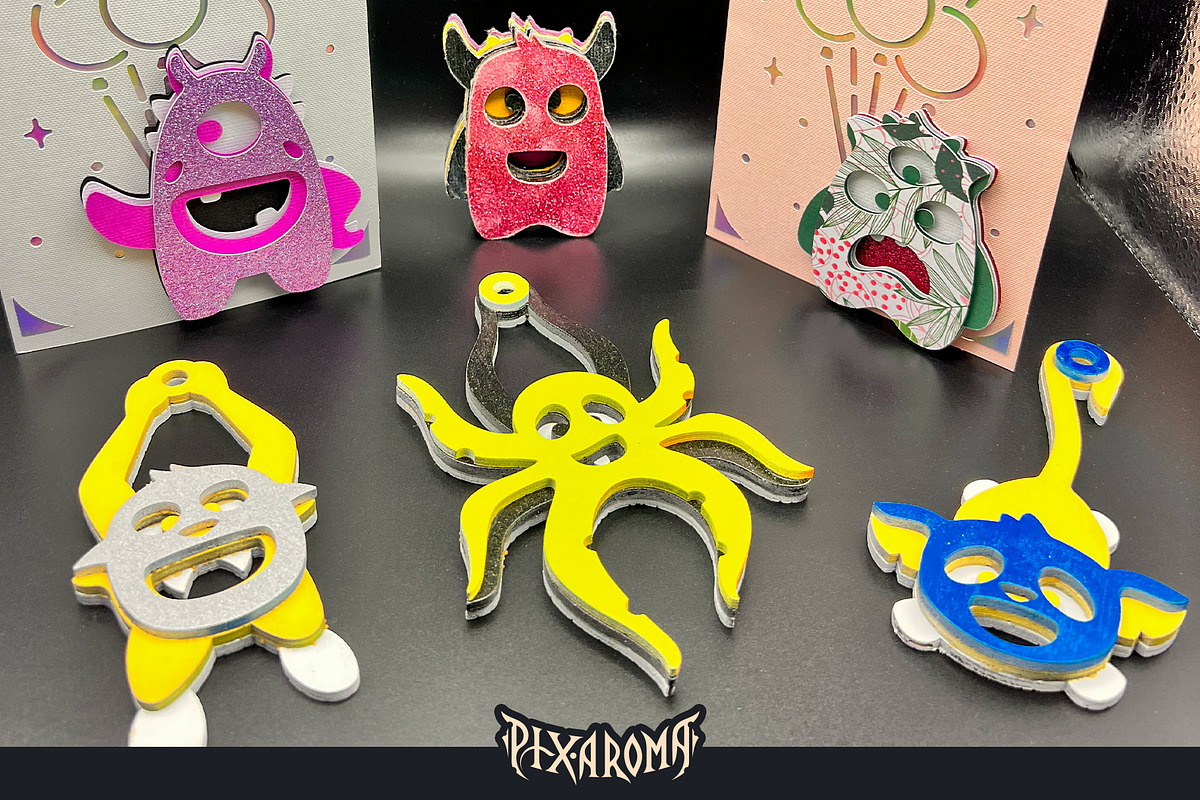 10 Cute Monsters 3D Layered Cut File, an Illustration by pixaroma (Photo 8 of 13)