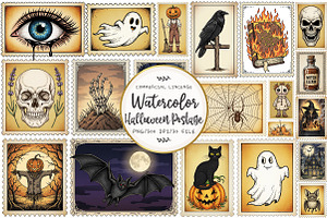Vintage Halloween Postage Stamp PNG, an Illustration by OK Design