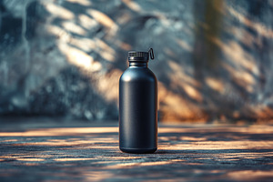 A sleek black stainless steel water bottle stands alone, illuminated by warm su, a Business Photo by ImageMir