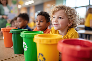 Children engage in recycling education activity at school during a classroom se, a Photo by AlyaAnd