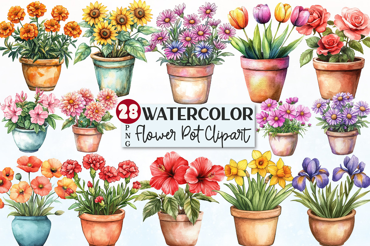 Watercolor Flower Pot Plants Clipart, an Illustration by Rose Art (Photo 1 of 4)