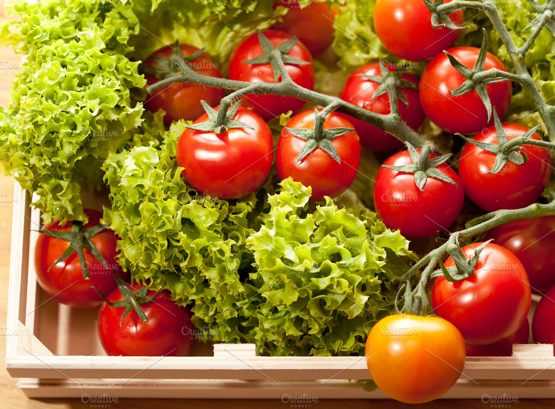 Tomatoes and salad in wooden basket stock photo containing basket and branch
