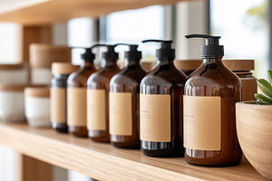 Row of brown glass pump bottles, a Beauty & Fashion Photo by MistyDay