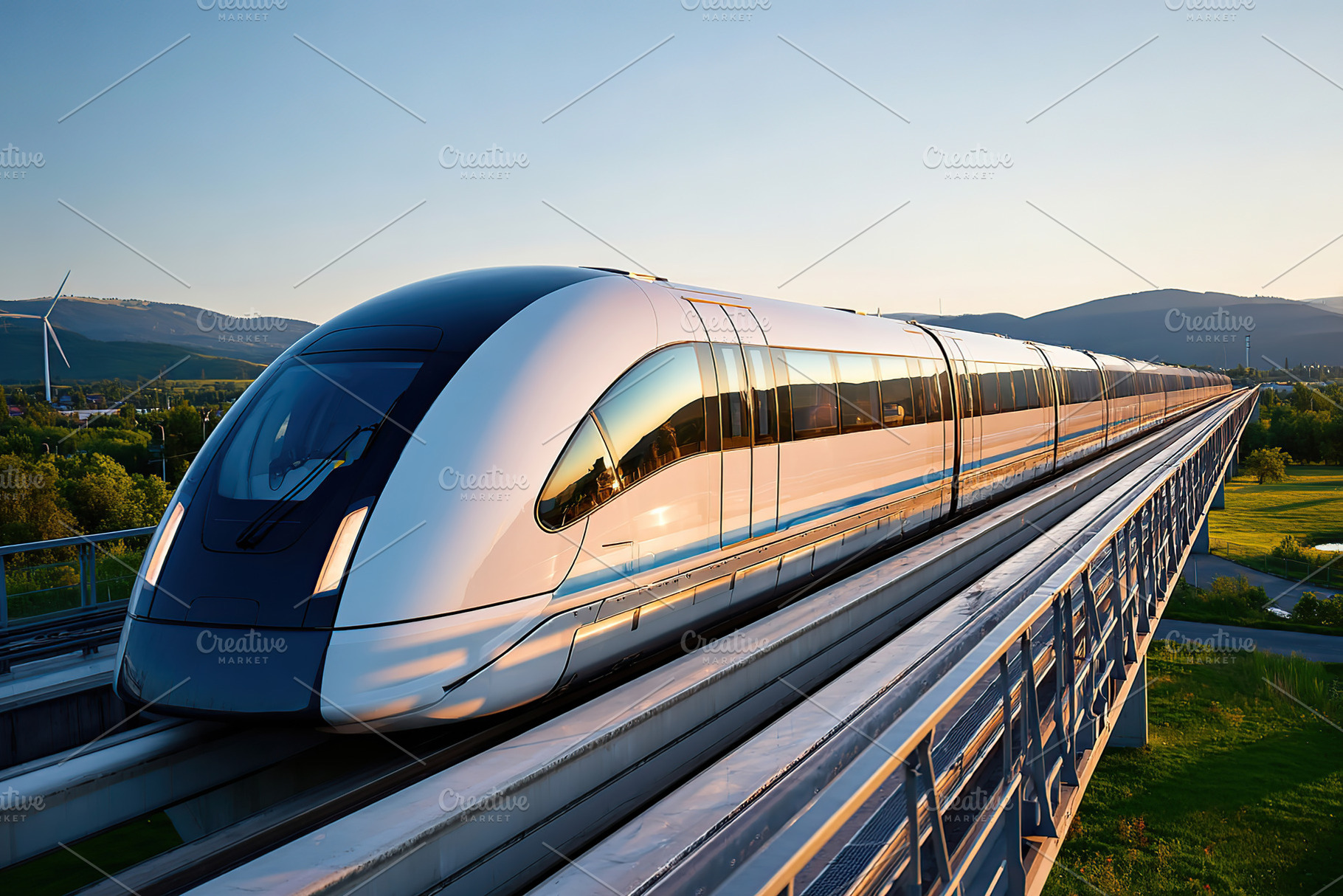 High-speed train travels along elevated tracks in a scenic landscape during sun, a Transportation Photo by AlyaAnd