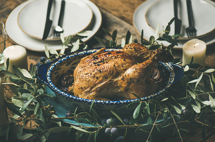 Whole roasted chicken decorated with containing chicken, roasted, and whole, a Food & Drink Photo by Foxys