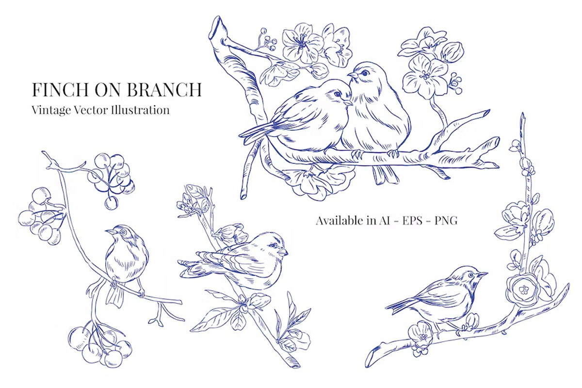 Finch on Branch Vintage Illustration, a Decorative Illustration by FDR Studio
