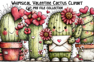 Whimsical Cactus Valentine's Clipart, an Illustration by Dream Creation