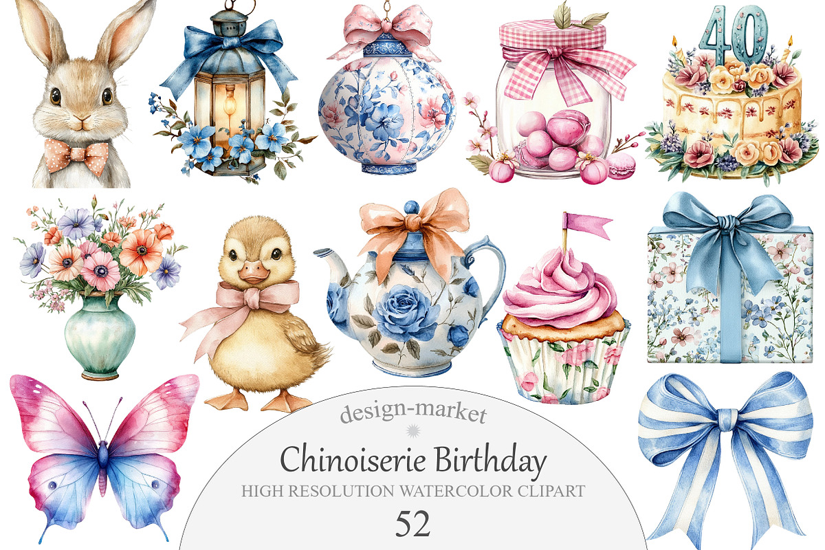 Chinoiserie Preppy Birthday Clipart, an Illustration by Design Market (Photo 1 of 6)
