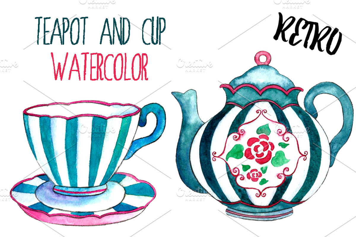 Watercolor teapots and cups, a Food Illustration by Vikeriya (Photo 5 of 6)