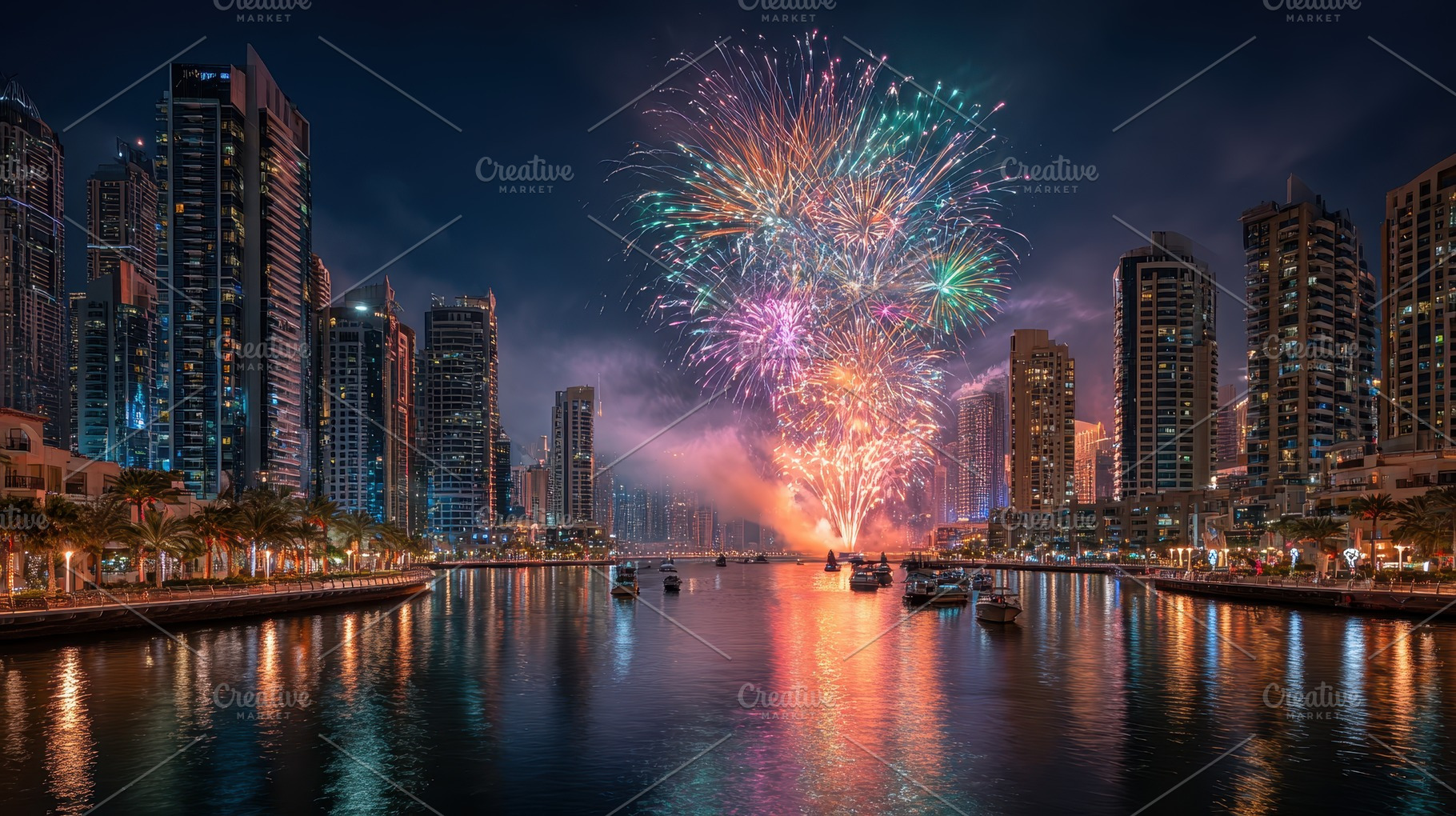 Dubai Fireworks Night Skyline Specta, a Photo by Pixeness Studio