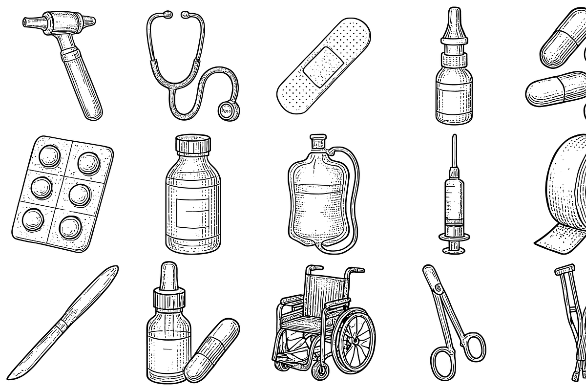 Hand Drawn Medical Icon Set, an Illustration by Sempu