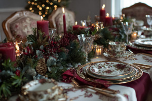 Elegant Christmas dining table setup with vintage dinnerware, holiday centerpie, a Photo by Studio ANNA