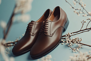Brown Leather Dress Shoes with Floral Accent on Blue Background, an Abstract Photo by Natalia Klenova's Shop