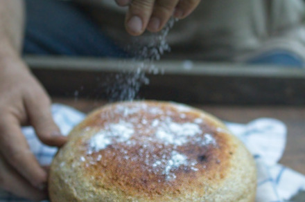 Baker's hand sprinkles flour on fresh bread close-up. A man finishes baking, de