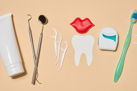 Set of tools and products for oral hygiene, toothpaste, dental f