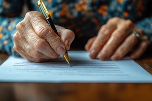 Senior individual writing on a sheet, a Photo by Tanuart