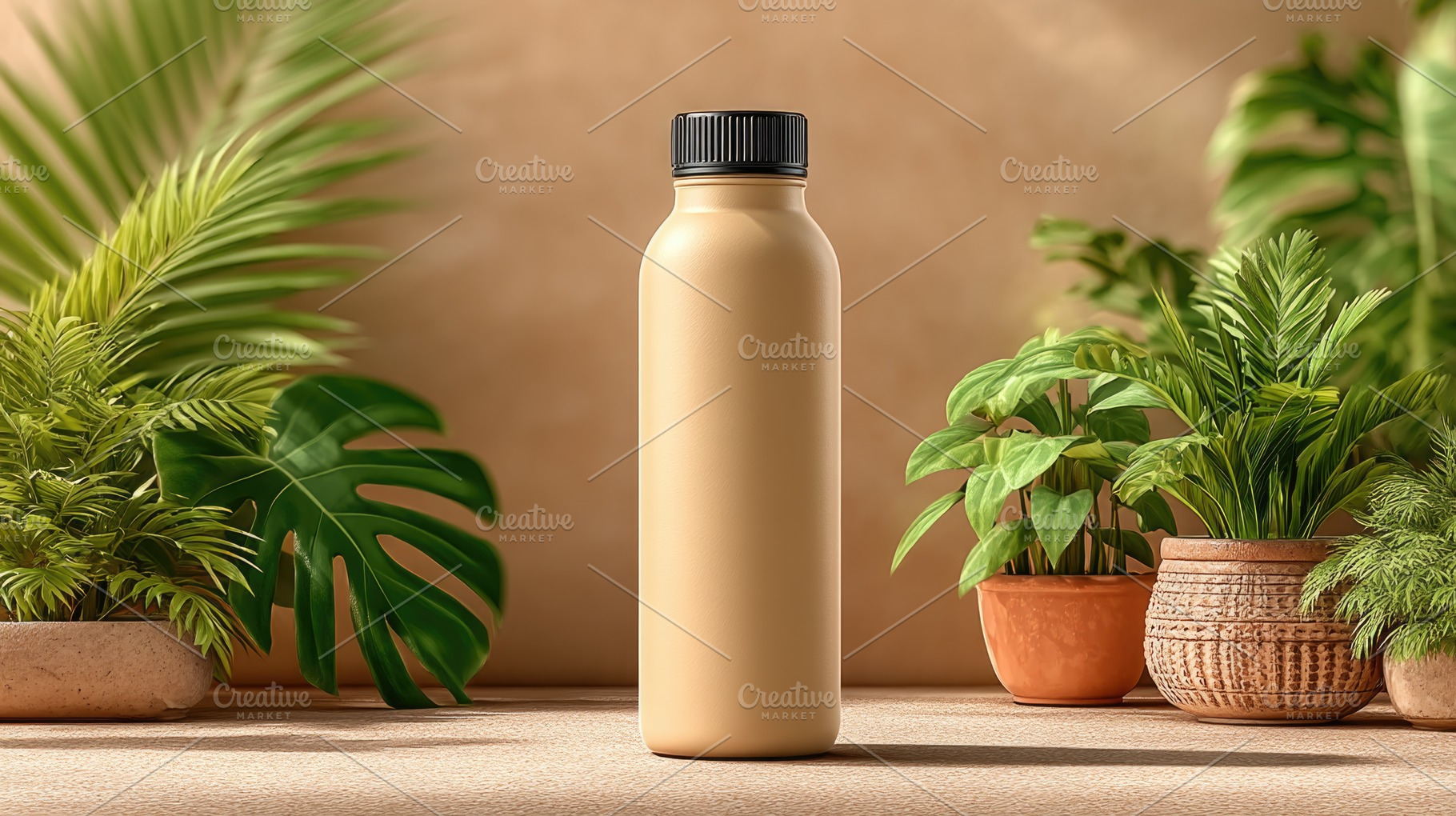 Reusable bottle on natural background with plants, eco friendly, a Food & Drink Photo by José Manuel Gelpi