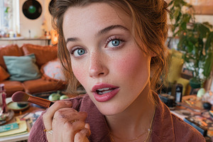 Young woman with freckles holding ma, a Photo by Pixeness Studio