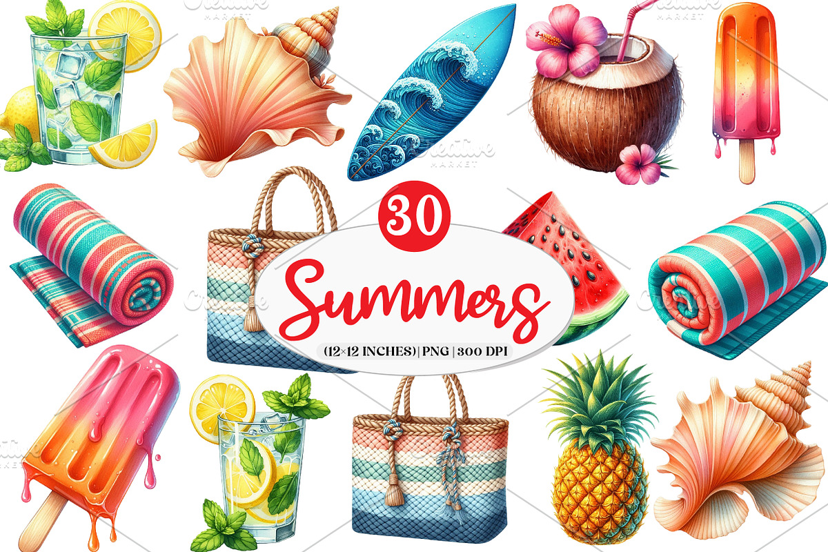 Sun-Kissed Summer Watercolor Clipart, an Illustration by Watercolor design (Photo 1 of 4)