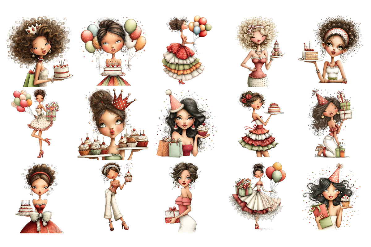 Birthday Woman PNG Clipart Bundle, a Person Illustration by Nicolle's Colorful Art (Photo 2 of 5)