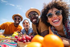 Friends enjoy a sunny day outdoors sharing fruits and laughter during a picnic, a Photo by AlyaAnd