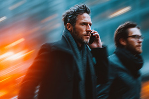 Two businessmen walking in the city with motion blur and bright lights, a Person Photo by AS photostudio