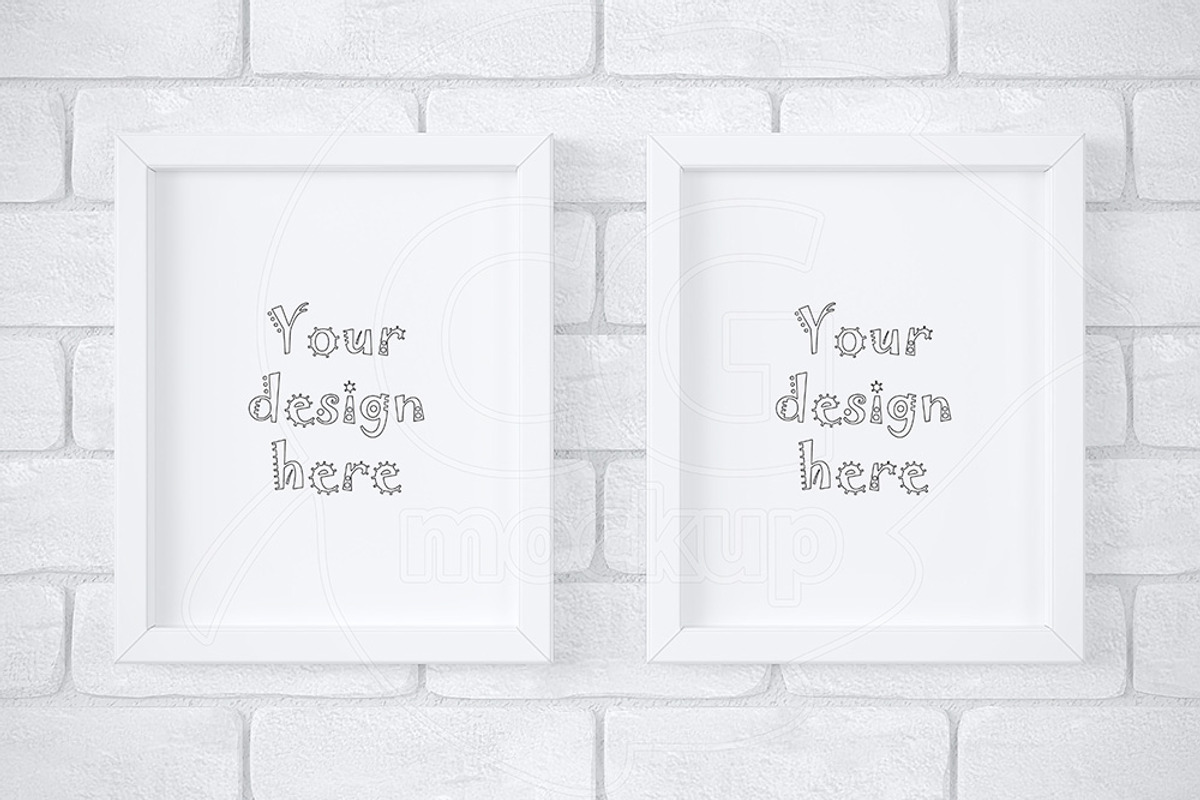 2 white frames on brick wall mockup, a Print Template by CGmockup