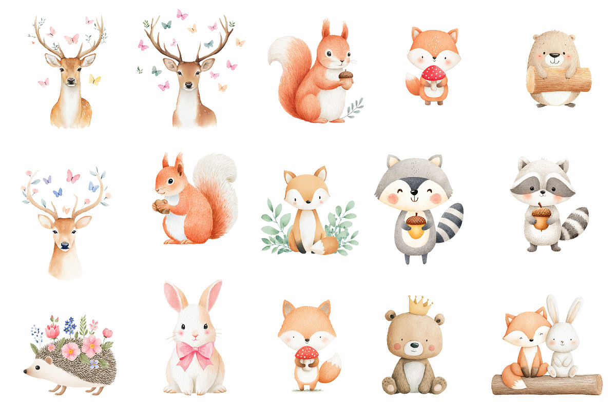 Watercolor Woodland Animals Clipart, an Illustration by Designworld (Photo 2 of 5)