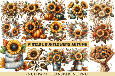 Vintage Sunflowers Autumn Clipart