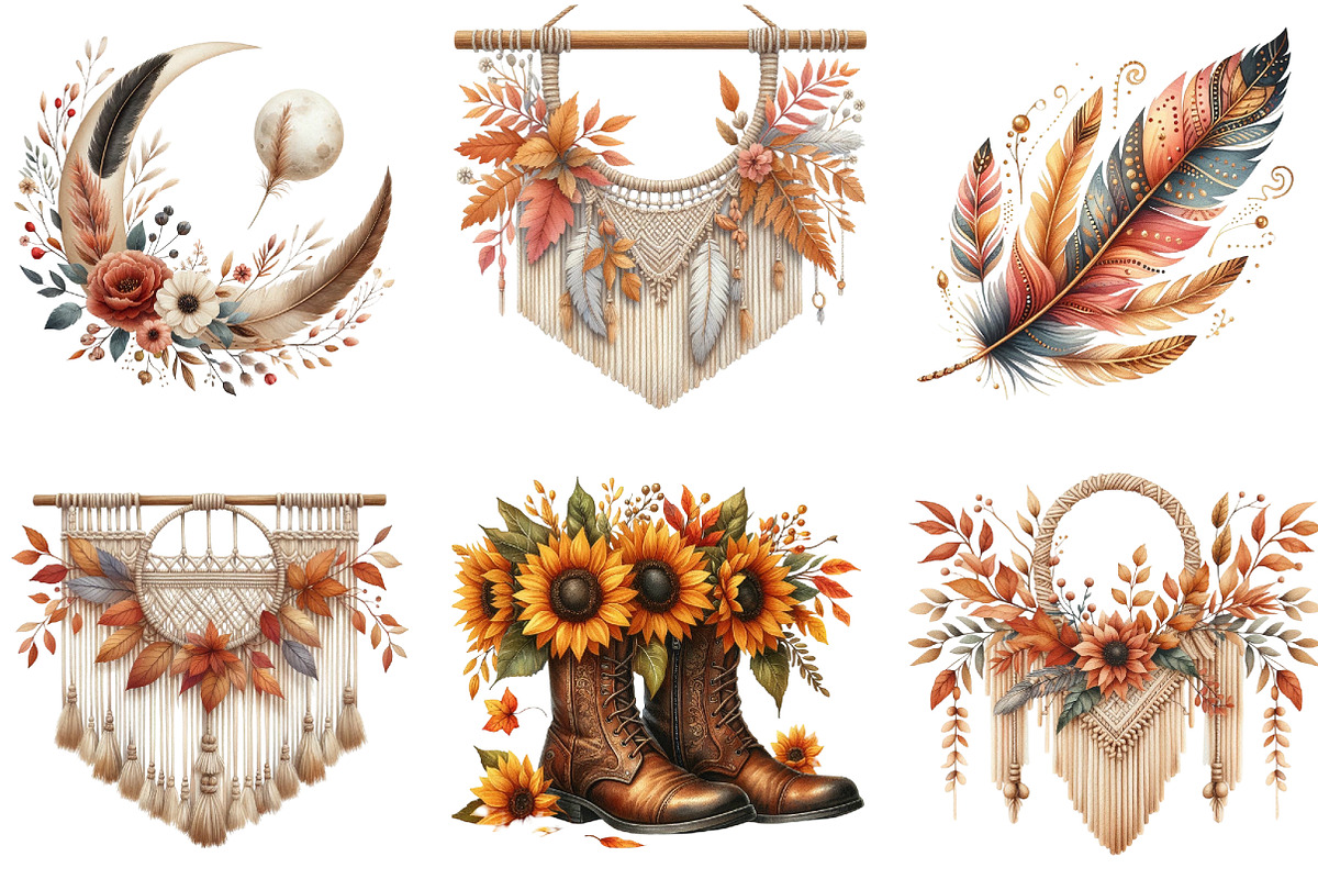 Watercolor Autumn Boho Clipart, an Illustration by DreamArtGraphic (Photo 3 of 7)