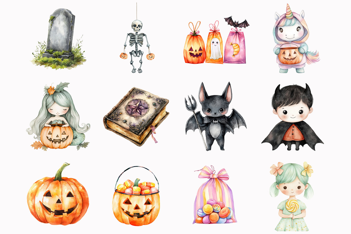 Watercolor Cute Halloween Clipart, an Illustration by Design Market (Photo 3 of 5)