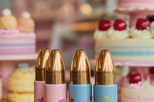 A colorful display of four lipstick tubes with playful designs, set against a b, an Arts & Entertainment Photo by Textures & Backgrounds