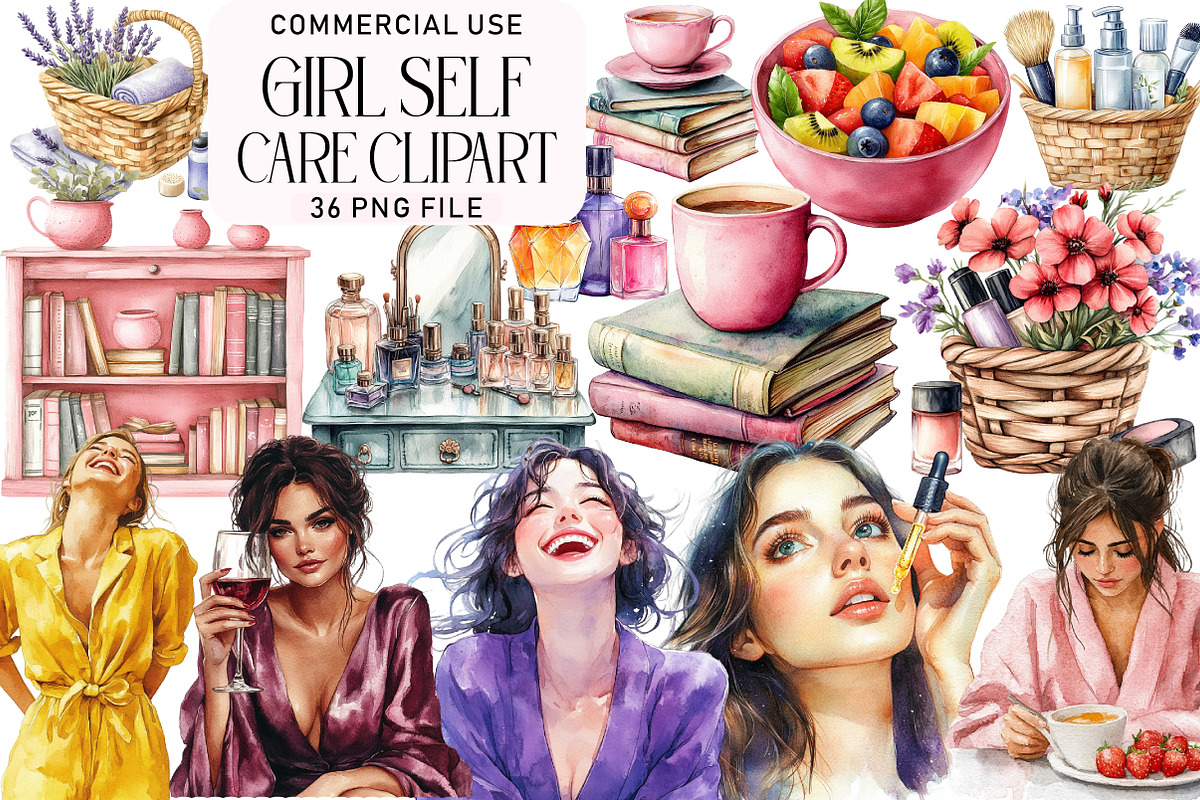 Girl Self Care Watercolor Clipart, an Illustration by Daily.Designs (Photo 1 of 4)