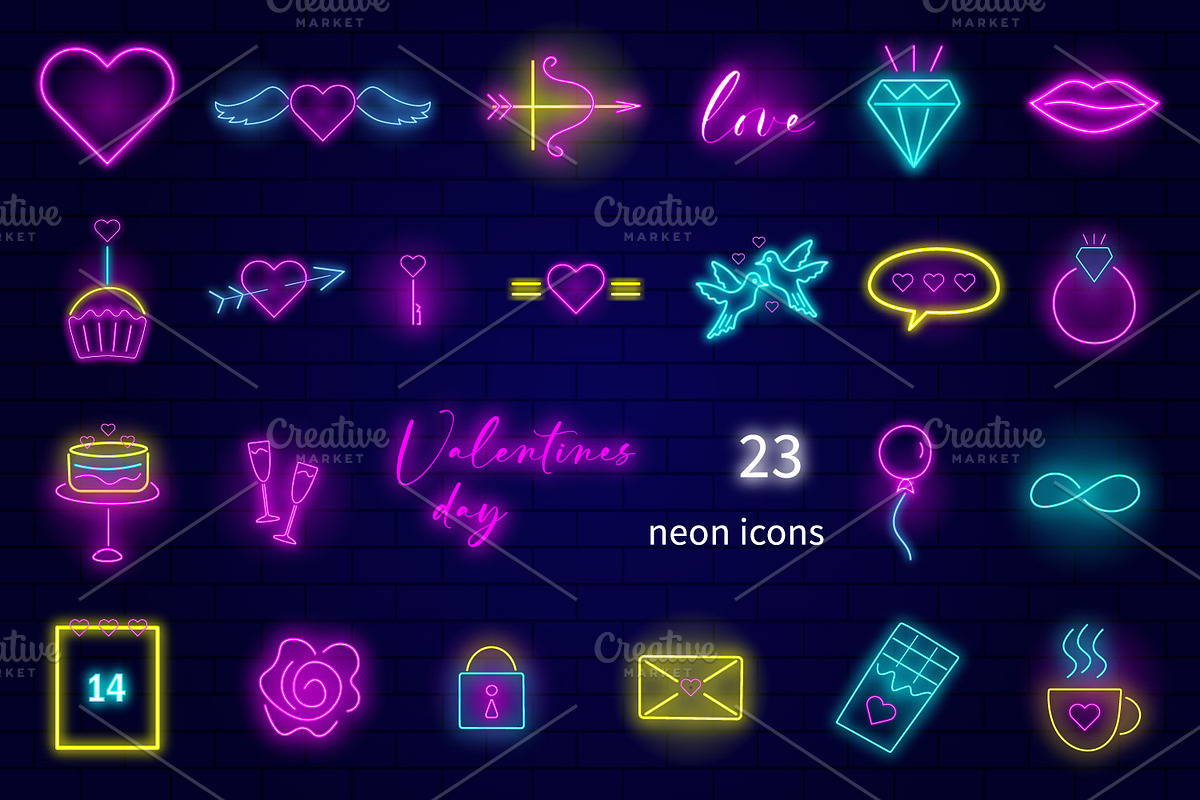 Valentines Day Neon Vector Icons, an Outline Icon by kh_cat (Photo 1 of 3)
