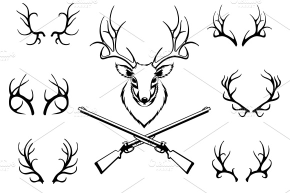 Set Of Antlers With Trophy And Guns