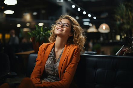 Portrait of a beautiful young woman in glasses sitting in office, a Person Photo by AS photostudio