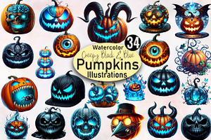 Creepy Black & Blue Halloween Pumpki, an Illustration by SVGArt