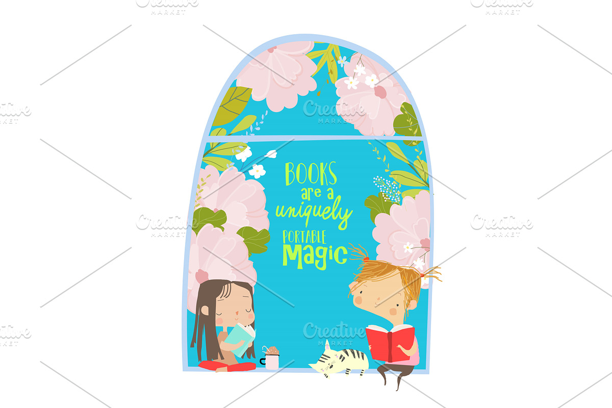 Cute girls reading book by the, an Education Illustration by Maria Starus