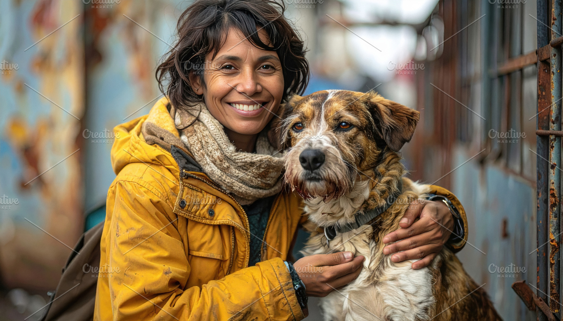 Smiling Woman Hugging Rescue Dog Outdoors, an Animal Photo by Davizro's Market